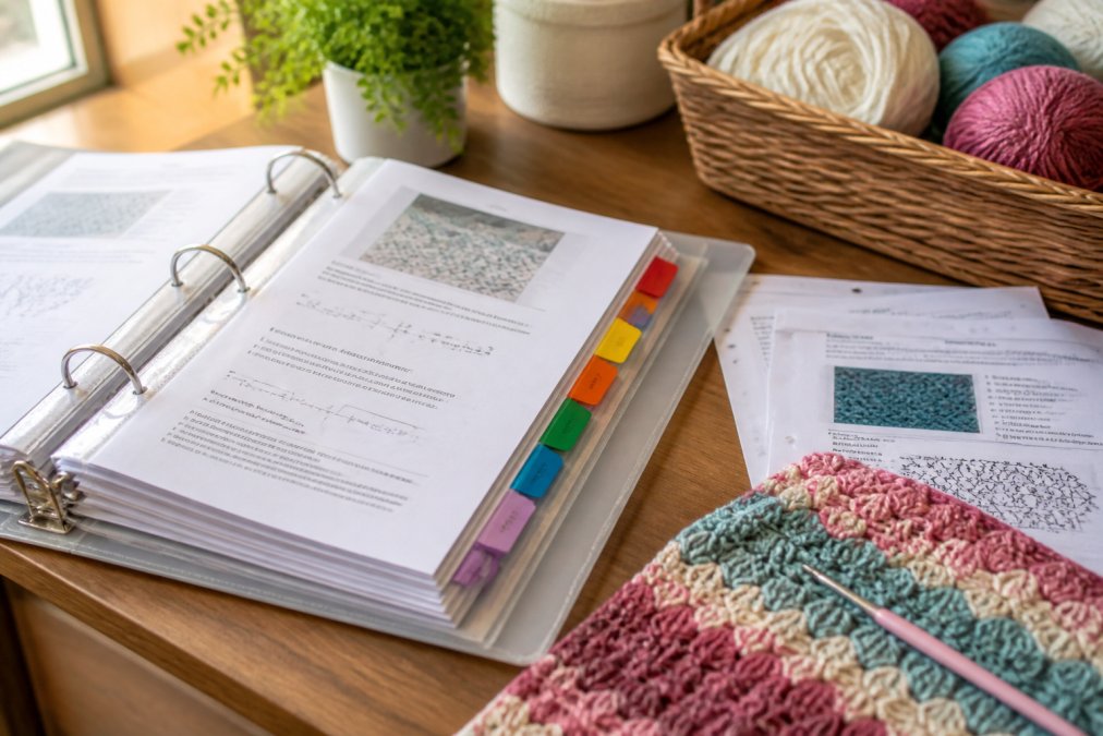 Organized binder with printed crochet patterns, color-coded tabs, and a crocheter's workspace showing organized pattern pages and a yarn project in progress