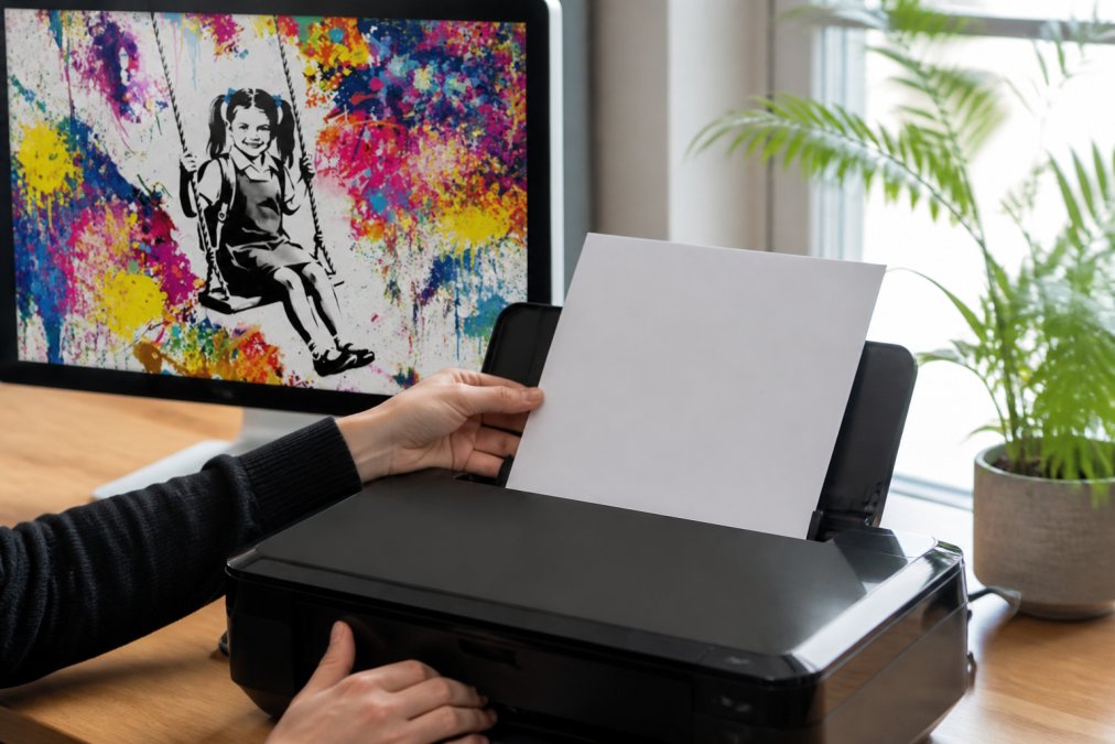 Hands placing premium art paper into an inkjet printer tray, with a colour-calibrated monitor displaying a vibrant digital artwork in the background, natural studio lighting