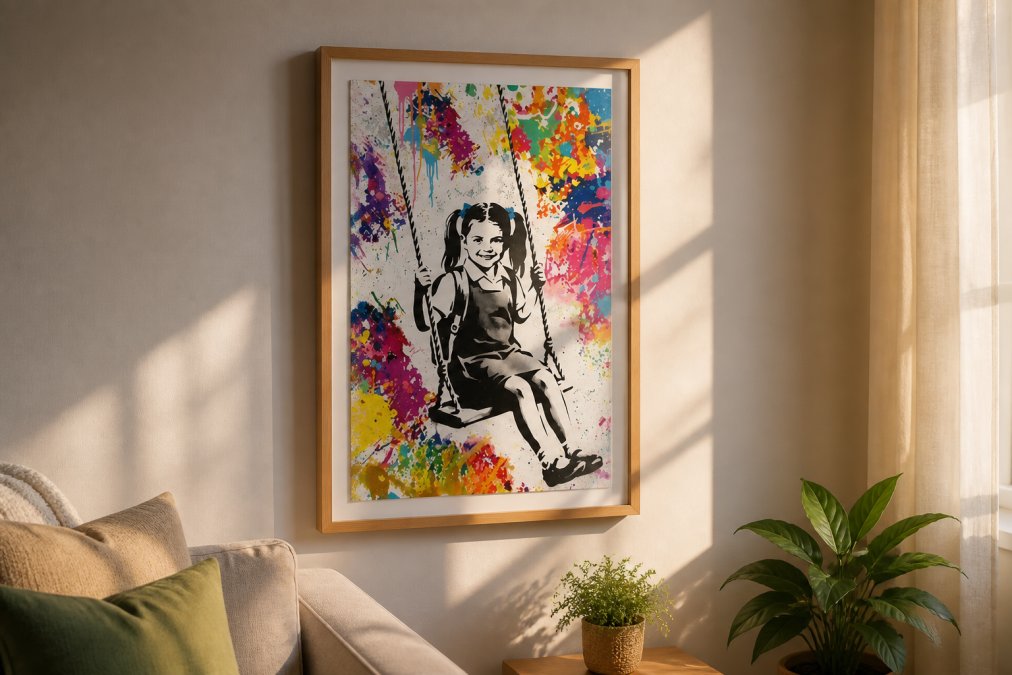 Freshly printed digital art portrait of a Scottish landscape displayed in a natural wooden frame on a living room wall, afternoon sunlight casting gentle shadows, showing how the print integrates with home décor