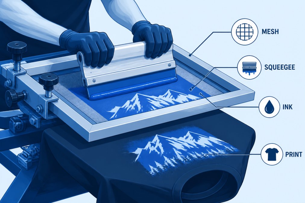 Close-up of a screen printing press in action, with a worker pressing vibrant ink through a screen onto a dark t-shirt under bright shop lighting, showing the mesh screen, squeegee, and ink detail
