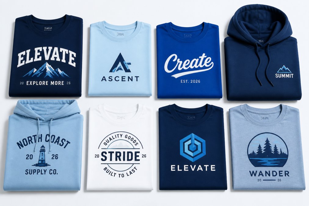 Flat lay of finished custom branded t-shirts and hoodies neatly stacked on a clean white surface under even studio lighting, showing sharp logo prints, rich saturated colors, and varied garment styles