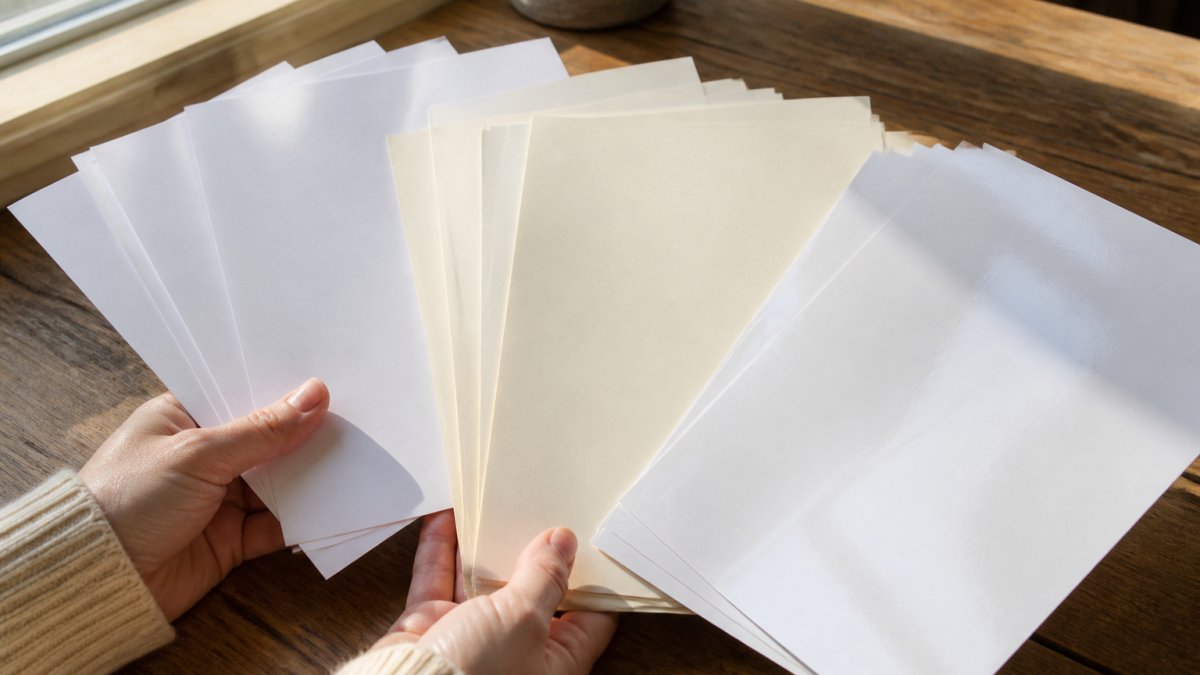 Comparison guide showing white, cream, and glossy paper textures for printing home party games on a wooden table