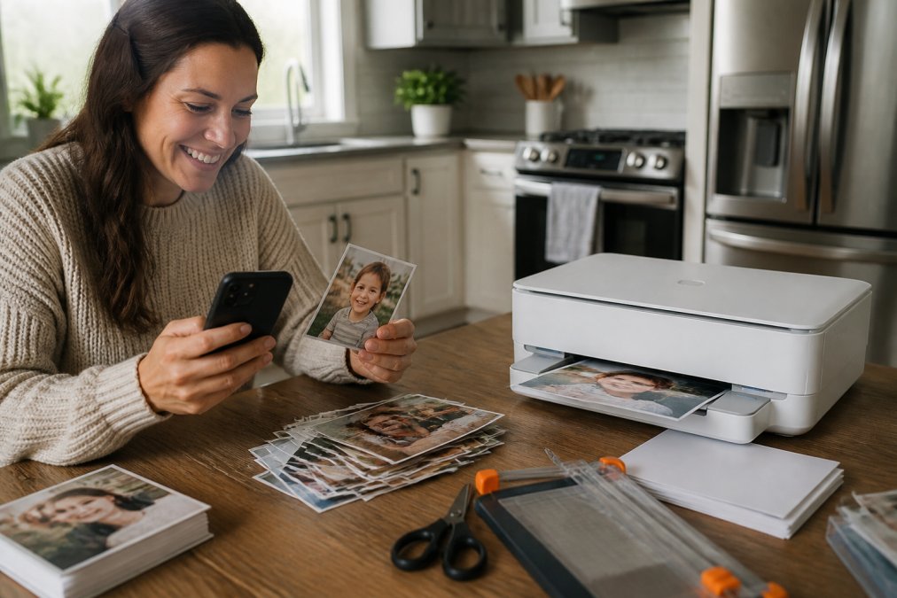 Process flowchart showing how to print photos from a smartphone using a home printer and wireless app settings.