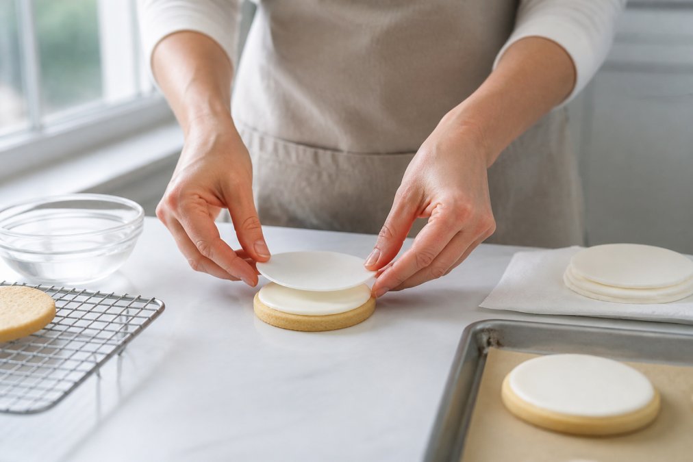 A baker's hands carefully placing a pre-cut edible icing sheet onto a frosted sugar cookie on a clean work surface, natural daylight from a nearby window