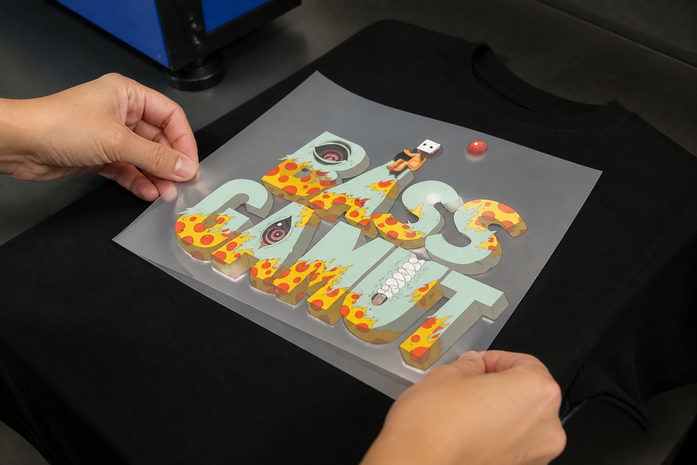 Close-up of a vibrant DTF transfer with rich colour saturation and fine detail being positioned on a dark t-shirt before pressing, showing the white underbase layer beneath the CMYK colours