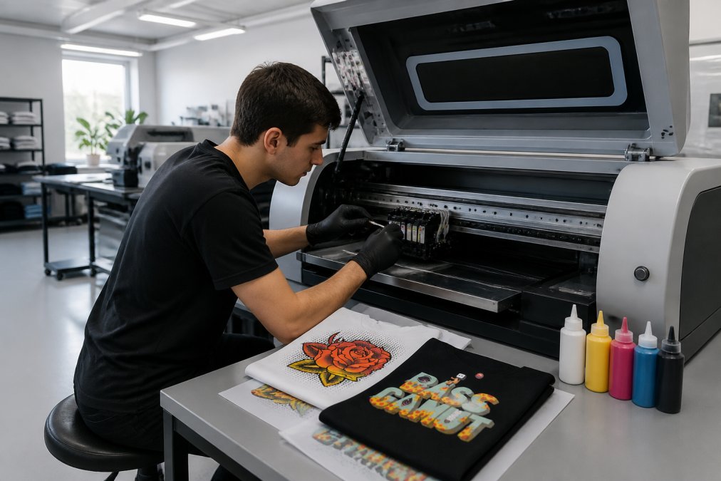 A clean, organized print room with controlled lighting and a technician performing routine printhead maintenance on a DTF printer, checking nozzles and cleaning components