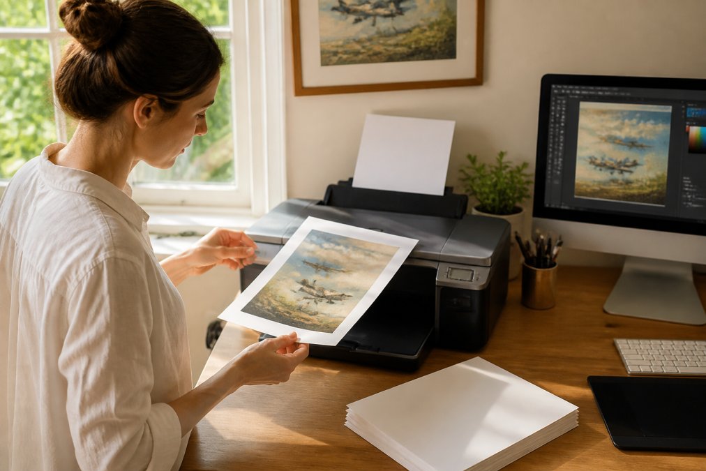 A person carefully lifting a freshly printed art print from a home inkjet printer, fine art paper stack and a monitor showing image editing software in a sunlit home office