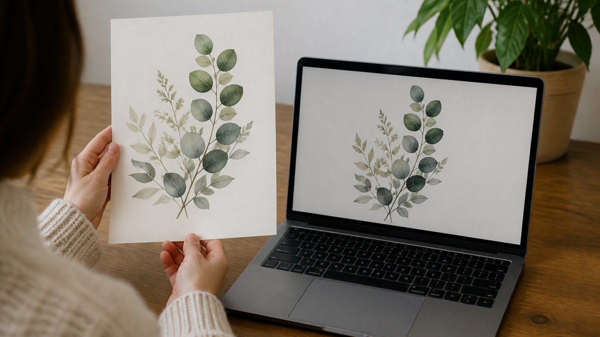 A comparison showing a digital file on a laptop and a physical print wall art piece to illustrate resolution.