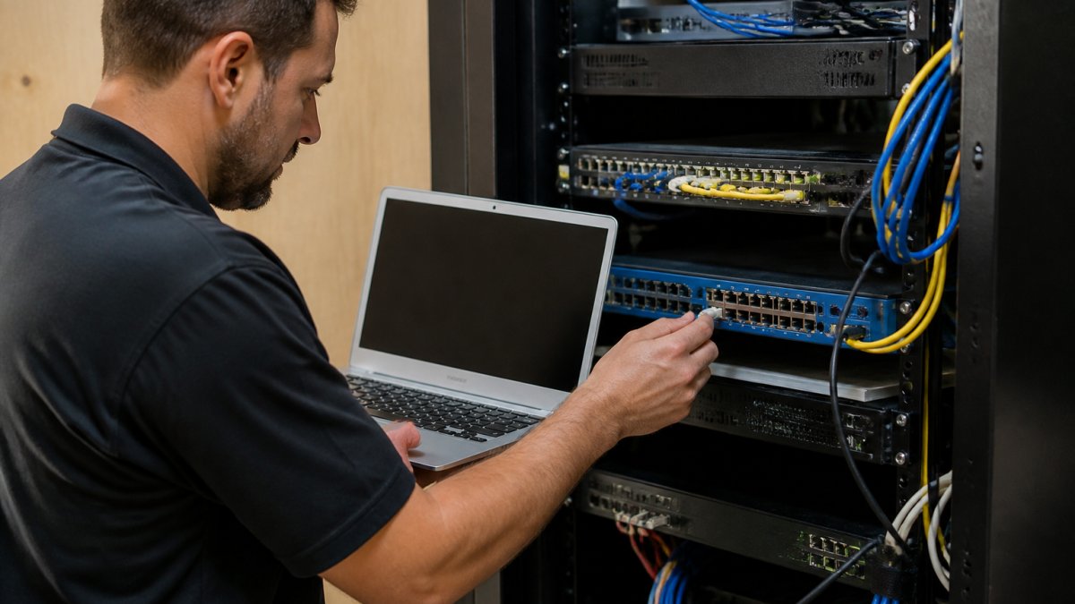 An IT technician in a server closet reviewing a laptop screen while adjusting a network router, with patch cables and a switch visible in a small business office