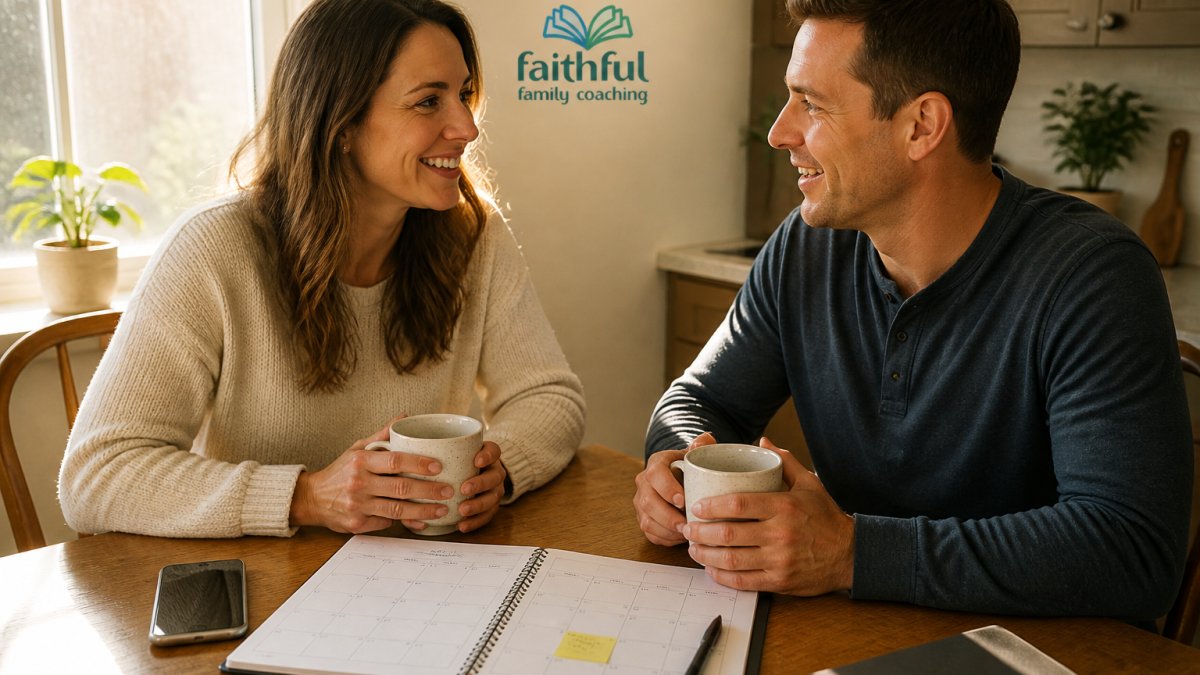 A couple sitting at a small kitchen table with coffee mugs, both smiling and talking, with a shared calendar and phone nearby, warm morning light