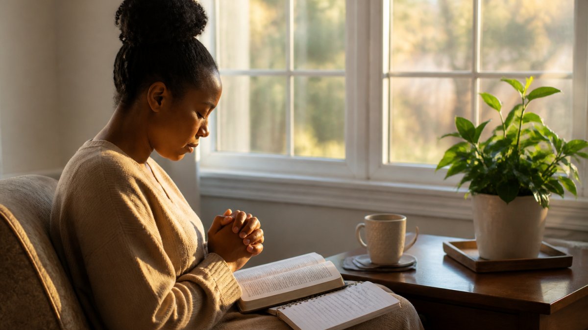 Woman sitting by a sunlit window with an open Bible and journal in prayerful reflection