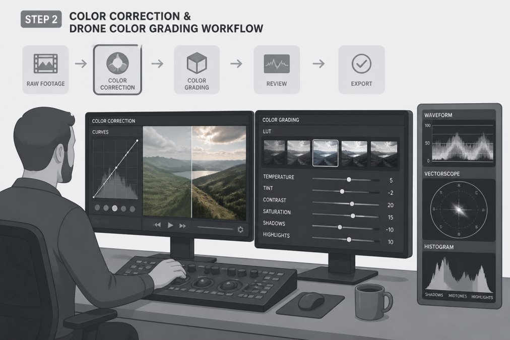 Professional colorist working at dual-monitor editing workstation with color grading interface displayed, adjusting curves and LUT sliders on aerial footage showing landscape and sky