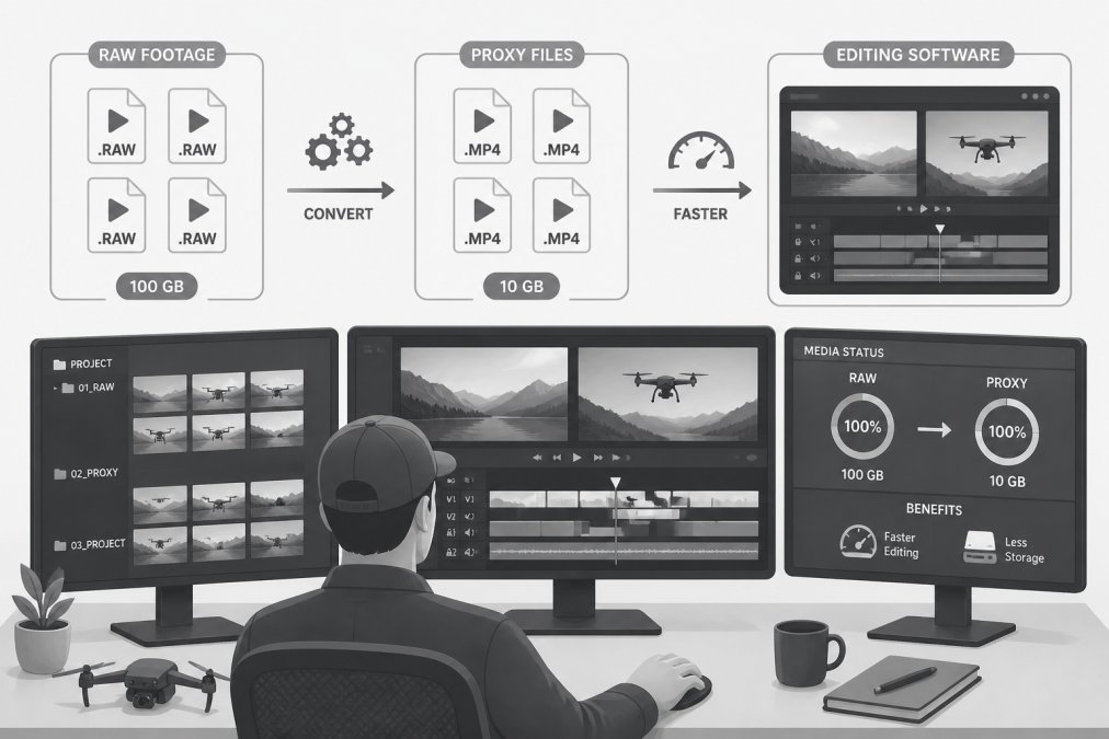 Video editor at workstation with proxy files loading in editing software timeline, showing media organization across multiple screens with editing interface visible