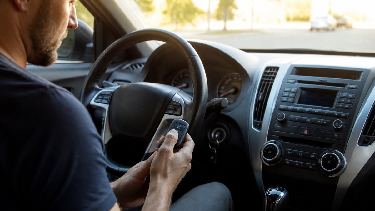 Person pressing the lock button on a car key fob while sitting in the driver's seat with the ignition on.