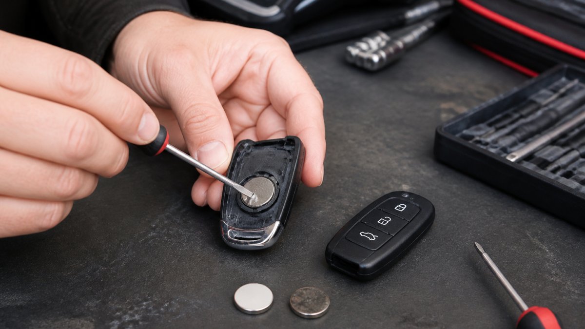 Close-up of a person's hands opening a car key fob with a small screwdriver on a workbench, new coin battery and old battery visible beside the fob