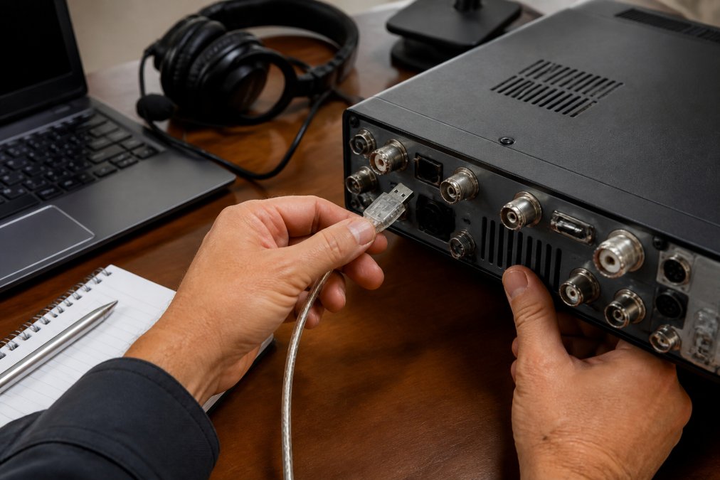 Hands connecting a USB cable to a transceiver to program amateur radio channels on a home desk setup