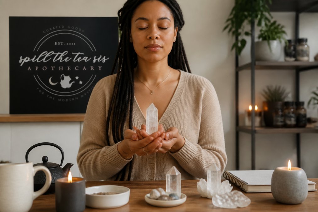 Person holding a clear quartz crystal in both hands in a peaceful indoor space with soft natural light, eyes closed in meditation with a serene expression