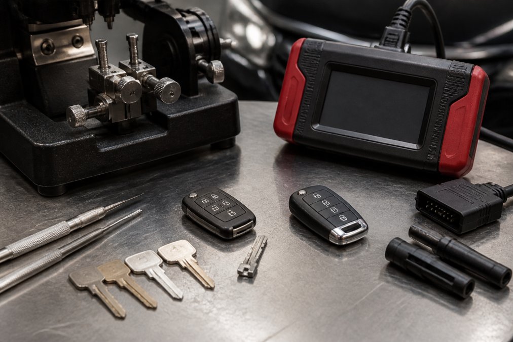 Close-up of automotive locksmith tools and equipment laid out on a workbench, including key blanks, programming devices, and a vehicle key fob with natural lighting