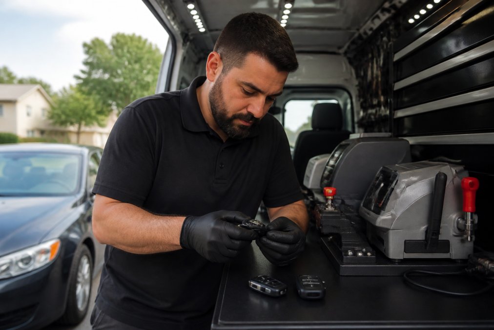 Professional locksmith in uniform working on a vehicle's smart key system with specialized equipment inside a service van with bright work lighting