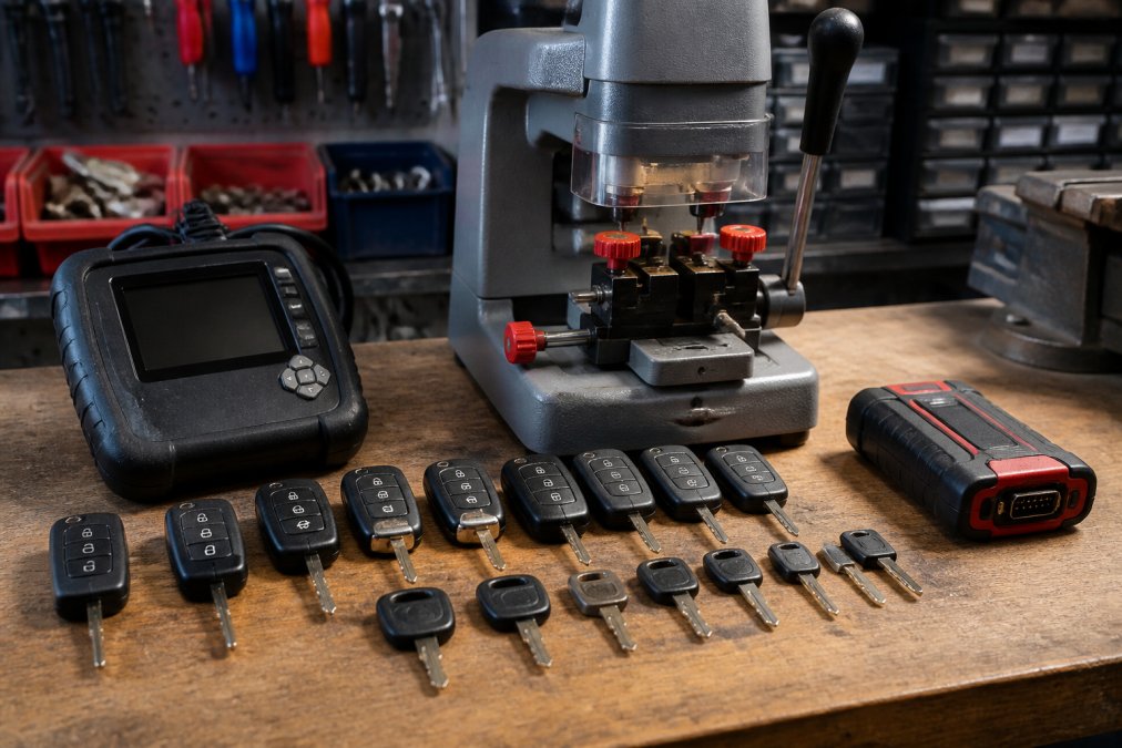 Professional locksmith's workbench with OBD-II scanner, blank car keys in various profiles, key cutting machine with precision blade, and electronic programming device arranged neatly under workshop lighting