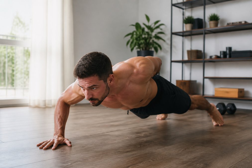 Person performing a challenging single-arm push-up variation in a minimalist home workout space with natural window lighting, demonstrating excellent core stability and body alignment