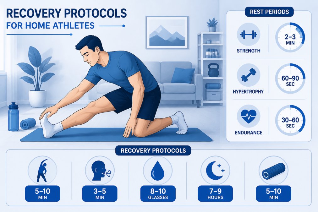 Person in a home environment performing an active recovery stretch, showing calm focus and proper form during a cool-down routine with soft ambient lighting