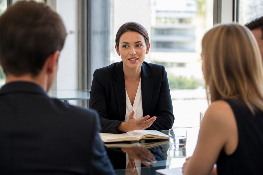 A professional woman in a smart blazer sitting upright at a modern glass conference table, making eye contact while speaking to colleagues, with an open notebook in front of her, natural daylight filling the meeting room