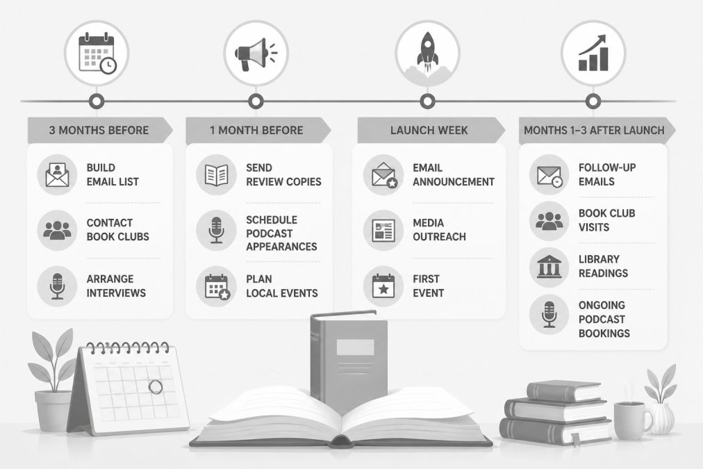 Timeline showing book launch phases: 3 months before (build email list, contact book clubs, arrange interviews), 1 month before (send review copies, schedule podcast appearances, plan local events), launch week (email announcement, media outreach, first event), months 1-3 after launch (follow-up emails, book club visits, library readings, ongoing podcast bookings)