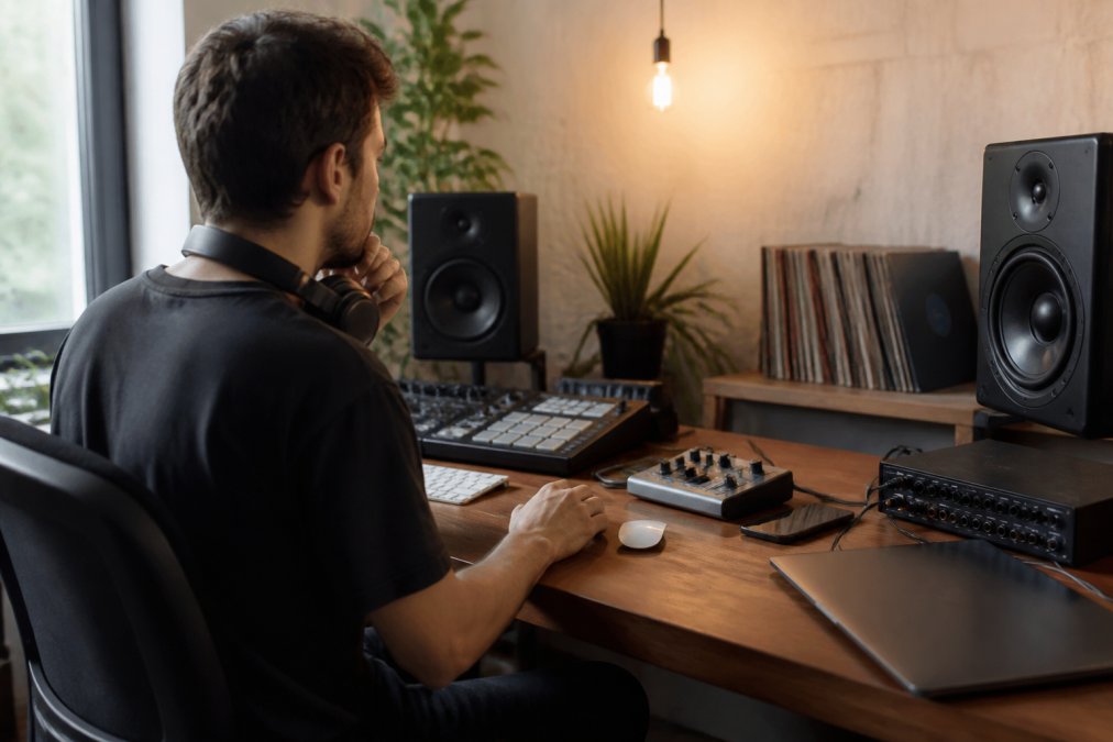 Music producer sitting at desk with multiple monitors displaying artist profile dashboard and Beatport interface, headphones around neck, focused on optimizing profile information