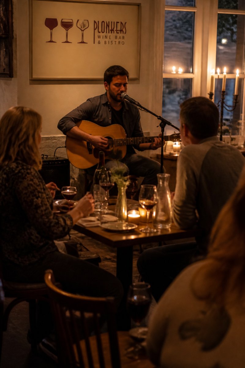 Acoustic guitarist performing in a candlelit restaurant to promote live music events for diners.