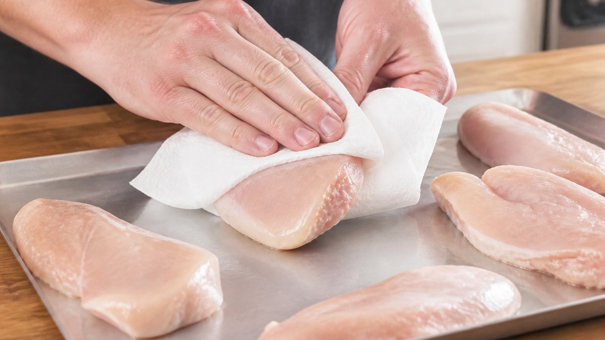 Close-up of hands patting raw chicken dry with white paper towels over a stainless steel cutting board, with bright kitchen lighting