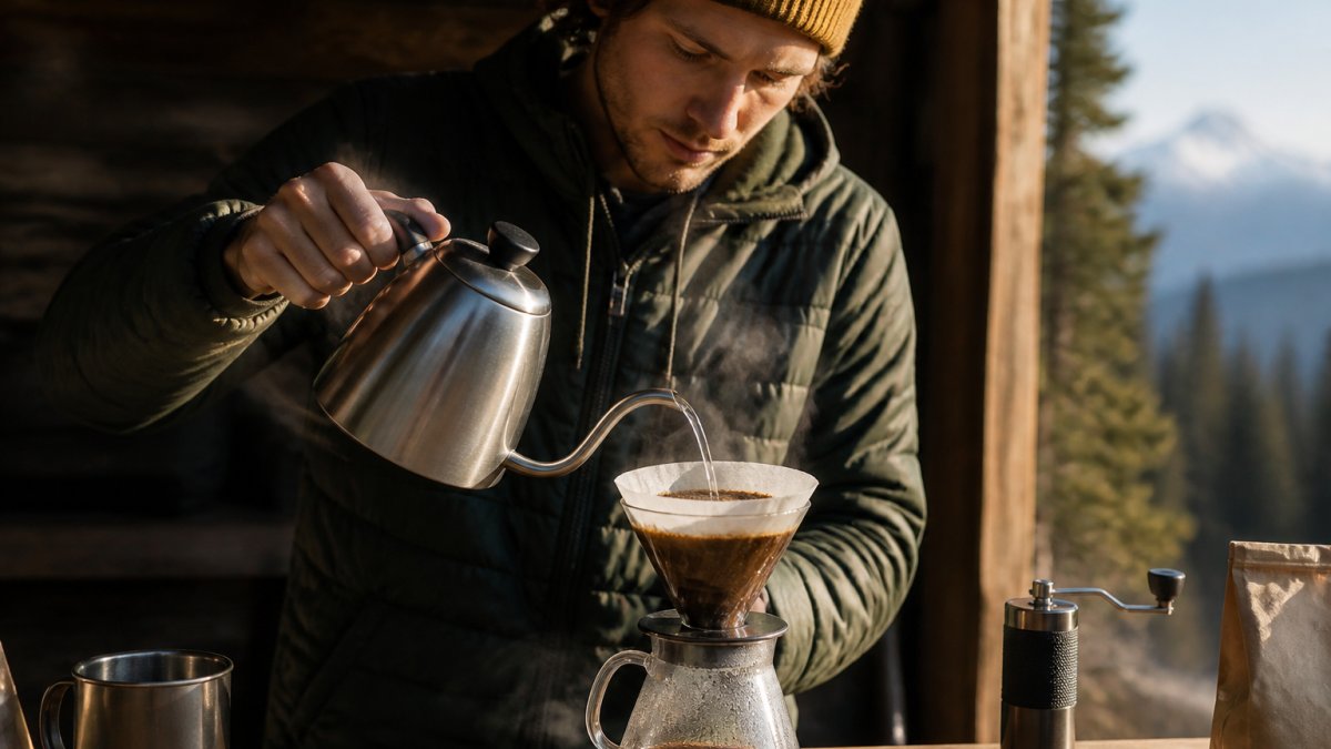 Professional barista slowly pouring hot water from gooseneck kettle over fresh coffee grounds in a pour-over dripper, with visible steam and blooming action, hands steady and focused, natural morning light