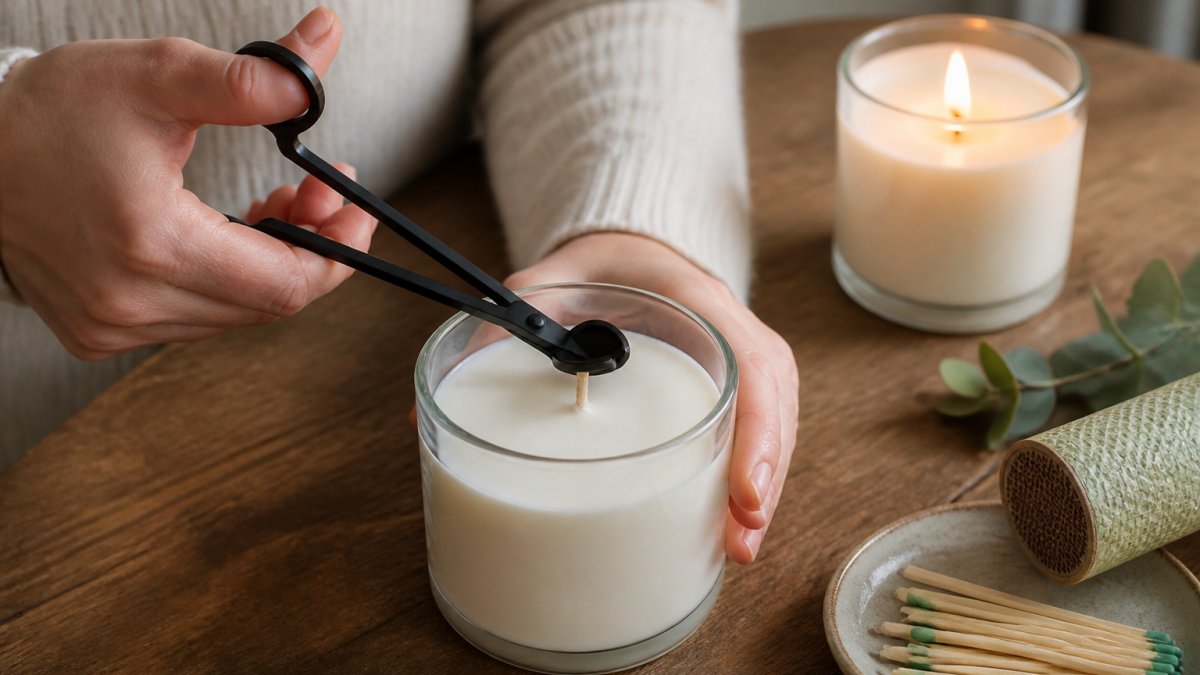 Close-up of hands using a wick trimmer to cut a soy candle wick to 1/4 inch before lighting, with a lit candle and matches nearby on a wooden table