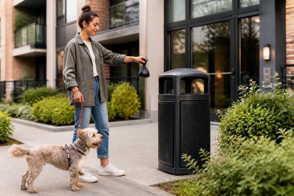 Woman holding a dog and a waste bag while disposing of dog waste in apartments at an outdoor bin.