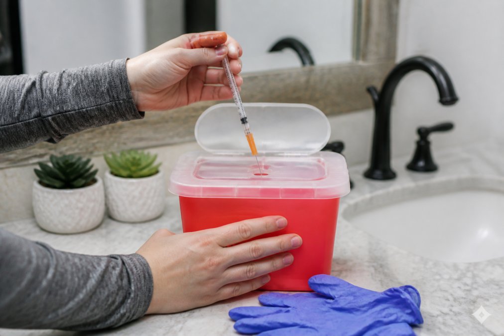 Close-up of hands placing a used syringe into a red puncture-resistant sharps container on a bathroom counter, with a sharps container lid visible and a pair of gloves nearby