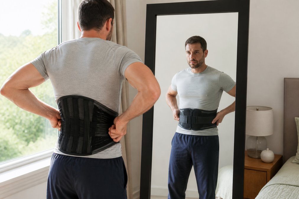 Person standing in front of a mirror adjusting a lumbar brace to learn how to properly fit a back brace.
