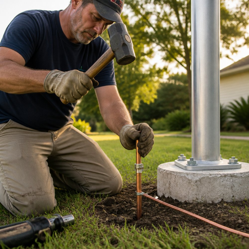 Close-up photograph of a copper-clad grounding rod being driven into soil beside a residential flagpole base, copper wire attached with a pipe clamp, late afternoon sunlight, green lawn and concrete footing visible