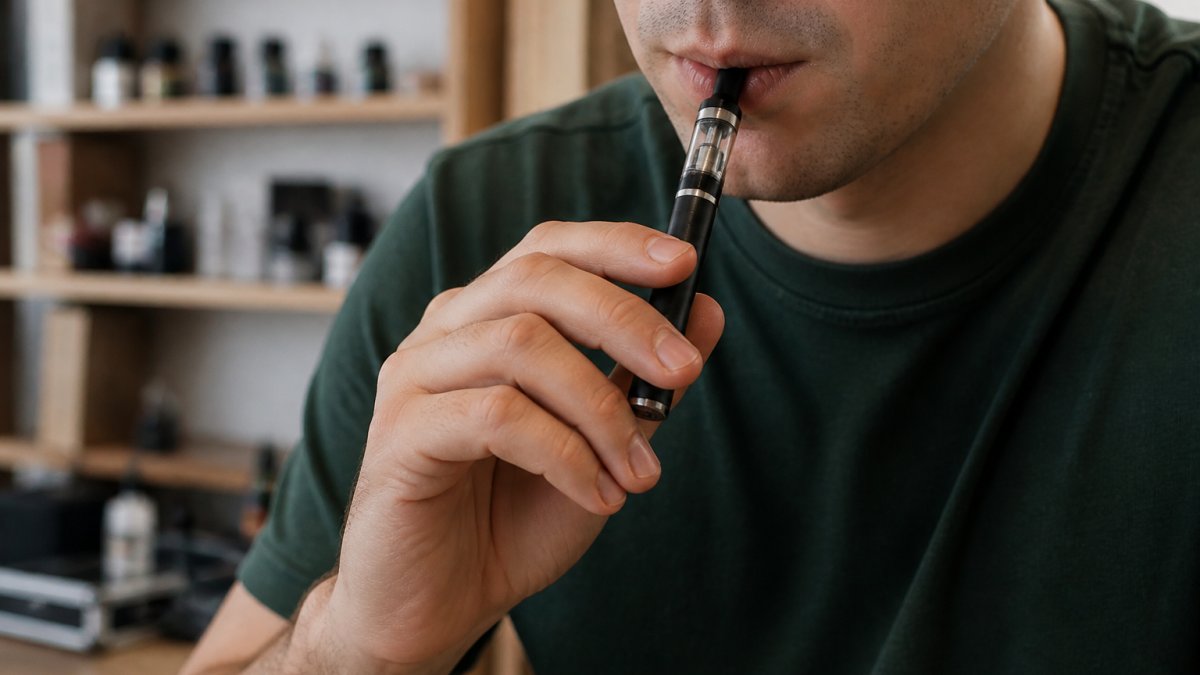 Hands holding a sleek vape pen at mouth level to demonstrate proper inhalation technique in a well-lit room.