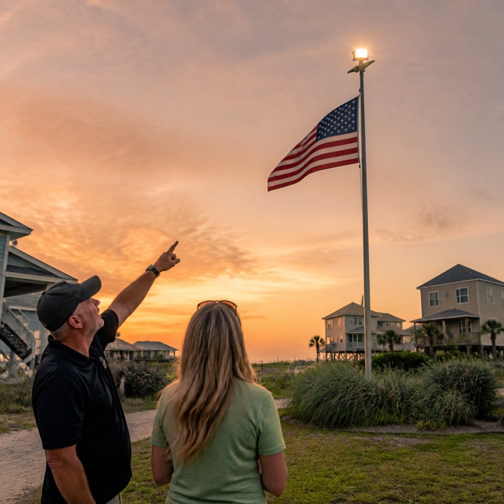 American flag flying on a telescoping pole with a solar light glowing at dusk over coastal homes