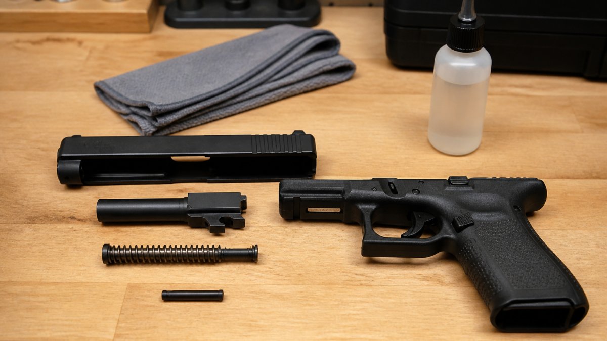 Disassembled polymer pistol parts arranged on a workbench for lubrication process