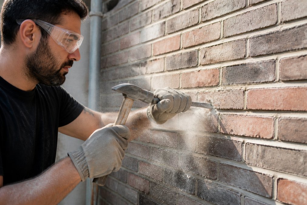 Professional contractor using a cold chisel and hammer to remove old deteriorated mortar from a brick joint, wearing safety glasses with dust visible in the air and brick wall in background