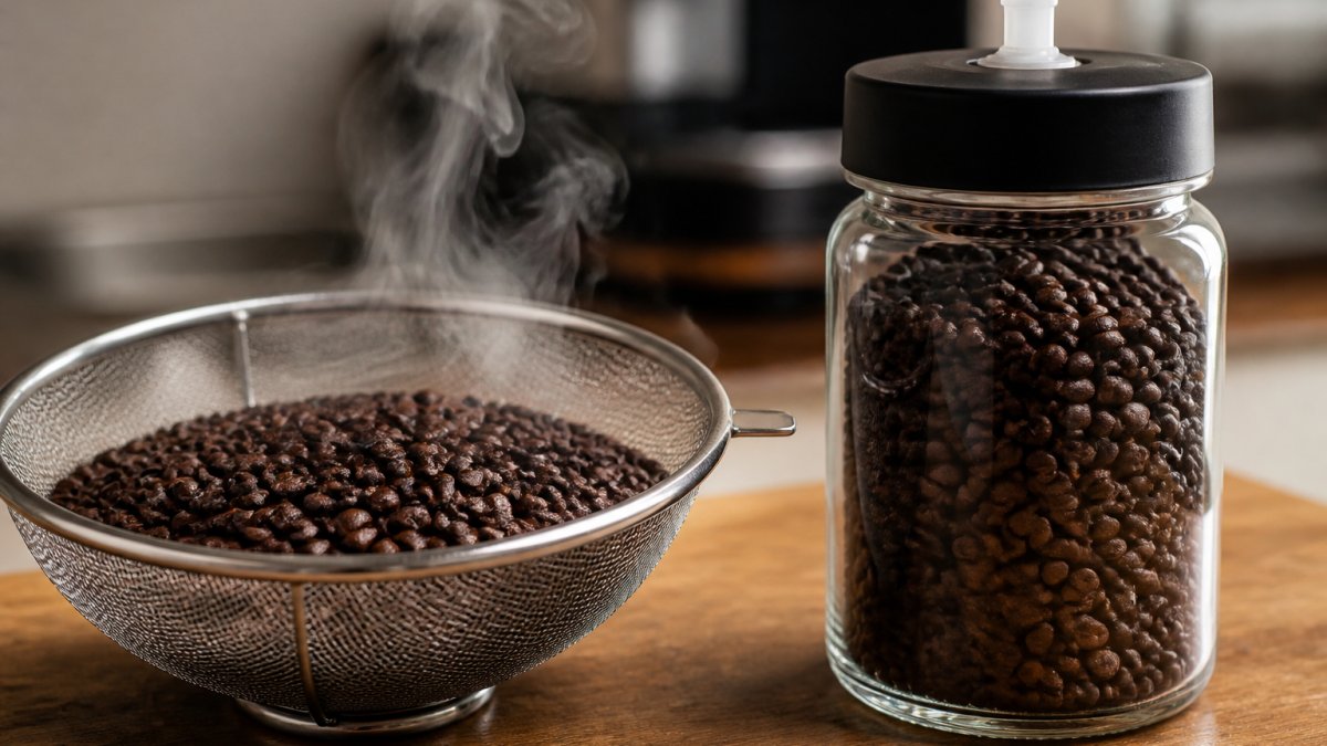 Freshly roasted coffee beans cooling in an open mesh strainer next to a sealed glass storage jar with one-way valve, showing steam rising from the hot beans and contrast between active degassing and proper storage setup