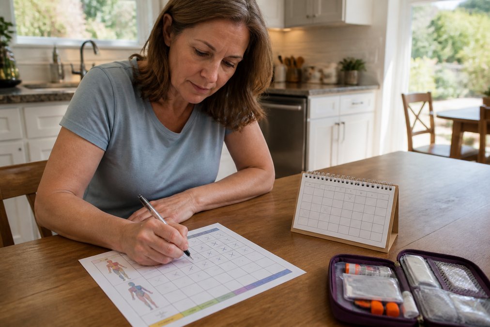 Person using a weekly calendar and chart to rotate injection sites at a bright kitchen table