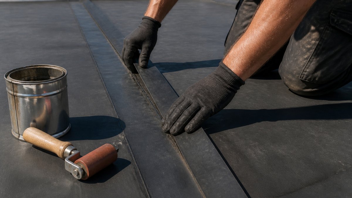 Close-up of a roofer's gloved hands pressing a strip of seam tape along the overlapping edge of a black EPDM rubber flat roof, with a roller and primer tin nearby on a bright dry day