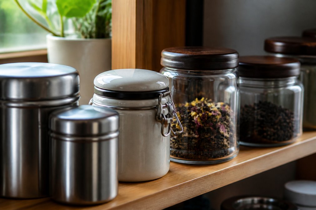 Close-up of various artisan tea storage containers displayed on a wooden shelf, including stainless steel tins with tight-fitting lids, ceramic jars with airtight seals, and opaque glass containers, with loose leaf tea visible inside some containers in natural window lighting