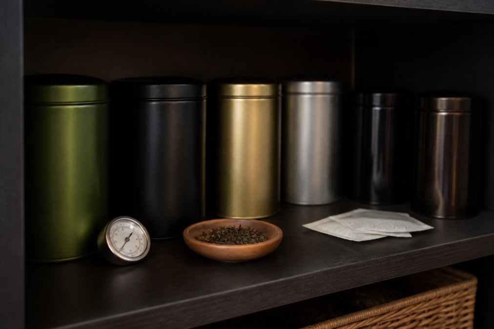 A cool, dark pantry shelf displaying properly stored tea containers next to a small thermometer and moisture-absorbing packets, showing organized storage with no direct light and minimal clutter in a dry interior space