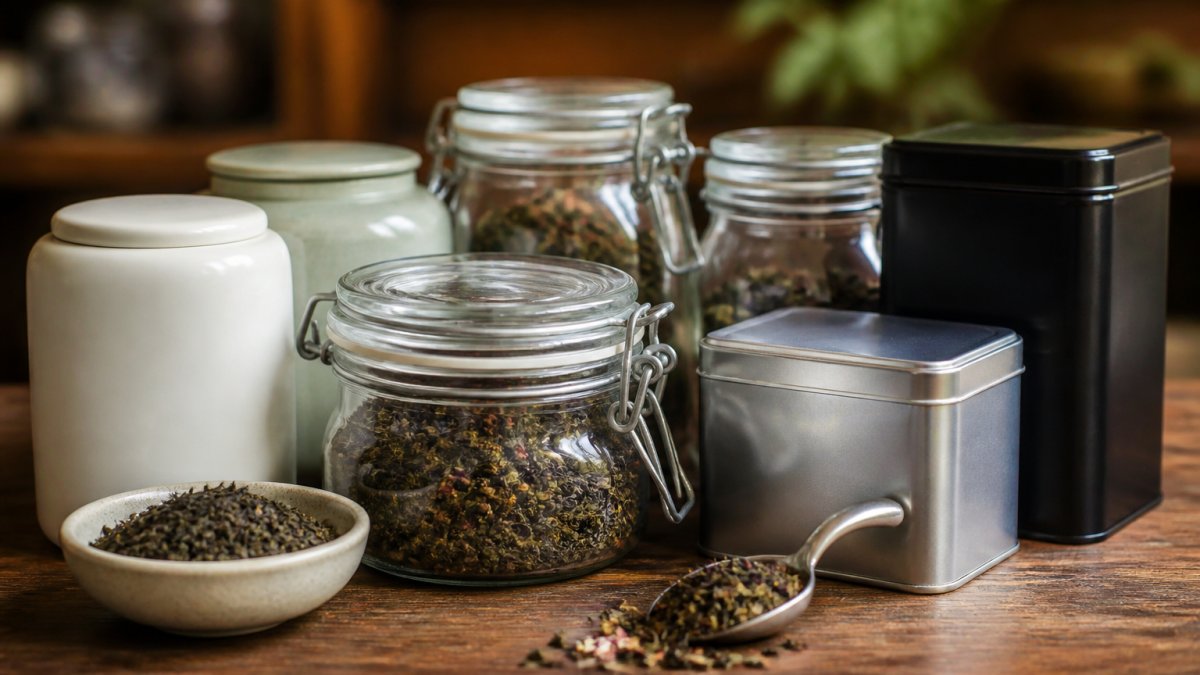 Close-up of various tea storage containers including ceramic caddies, glass jars with gasket seals, and metal tins arranged on a wooden surface with loose leaf tea visible inside and beside them