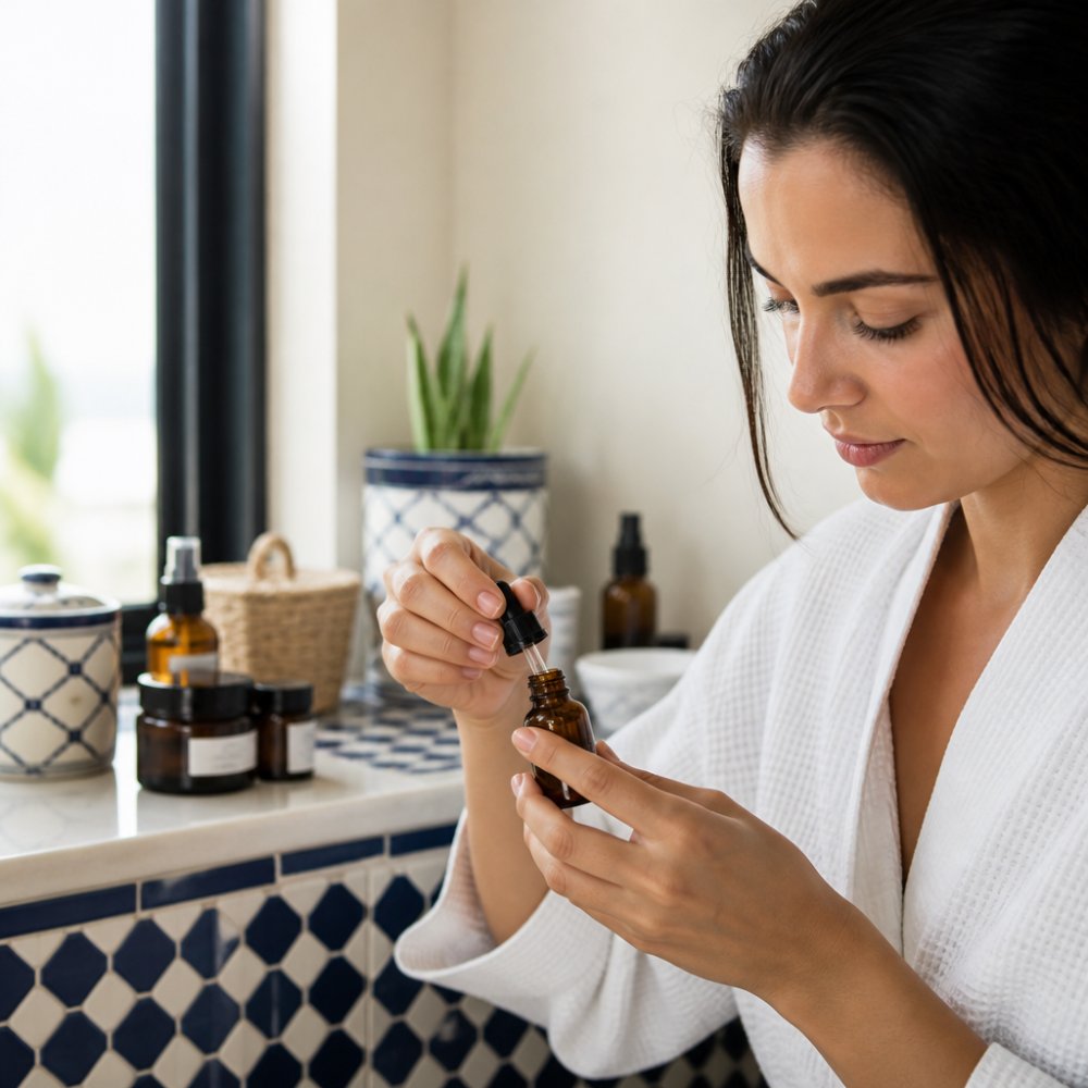 A small amber glass dropper bottle of argan oil sitting on a bathroom shelf beside a dark cabinet, soft natural light from a nearby window, clean and organized vanity setting