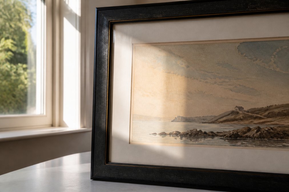Close-up of a framed watercolour painting showing subtle fading in areas exposed to sunlight, with a window visible in the background casting light across the frame