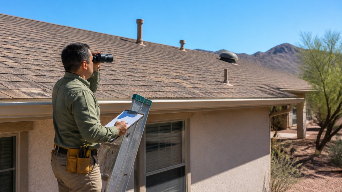 A homeowner standing on a ladder at the edge of a single-story home, using binoculars to examine asphalt shingles under bright desert sunlight, with a clipboard and pen in hand